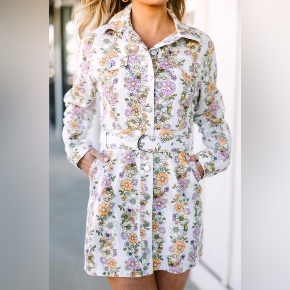 NWTs. Long sleeve floral denim mini dress!